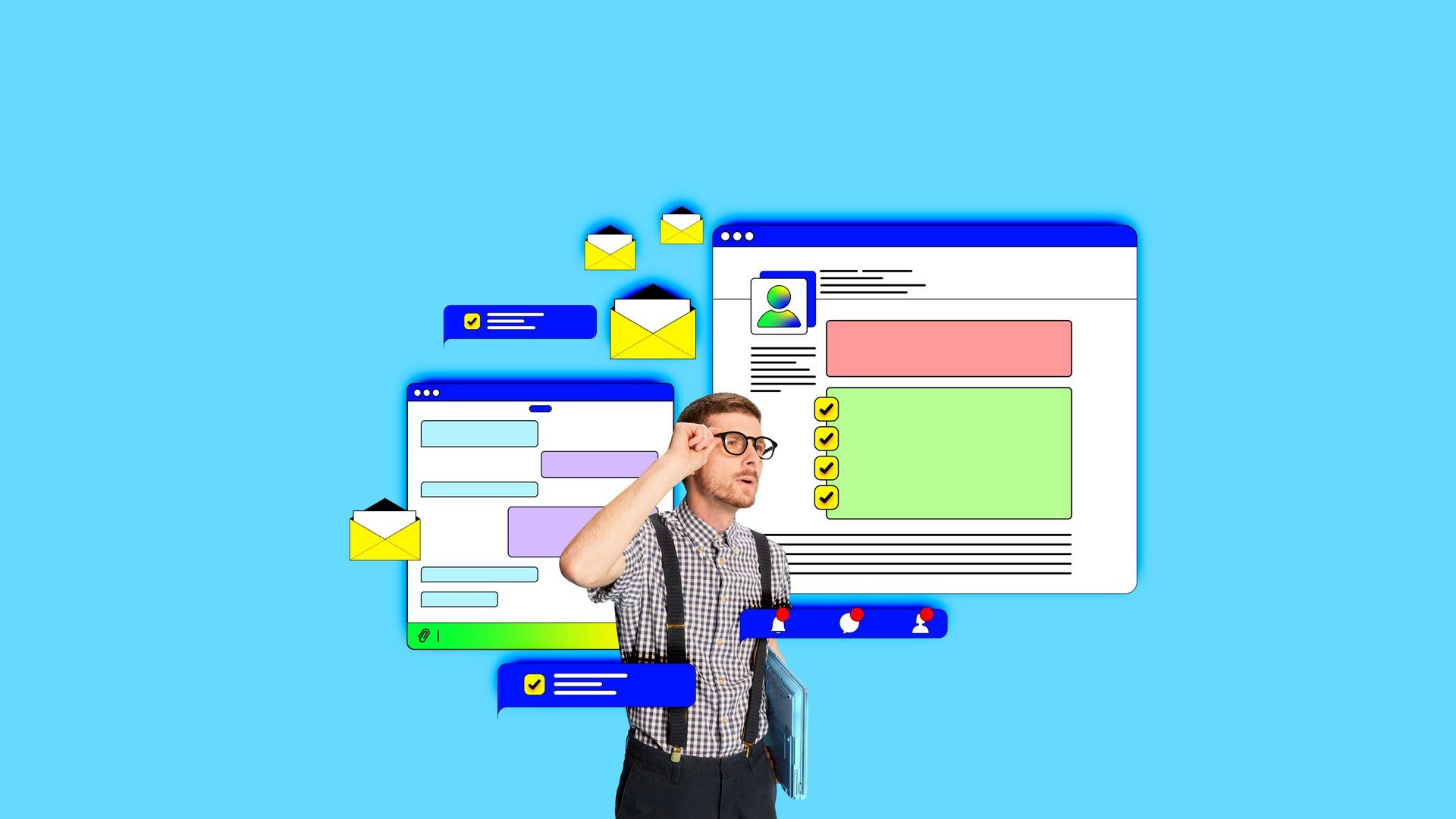 Young man, employee looking on his working plan, chatting with colleagues and partners, working with projects. Contemporary art collage.